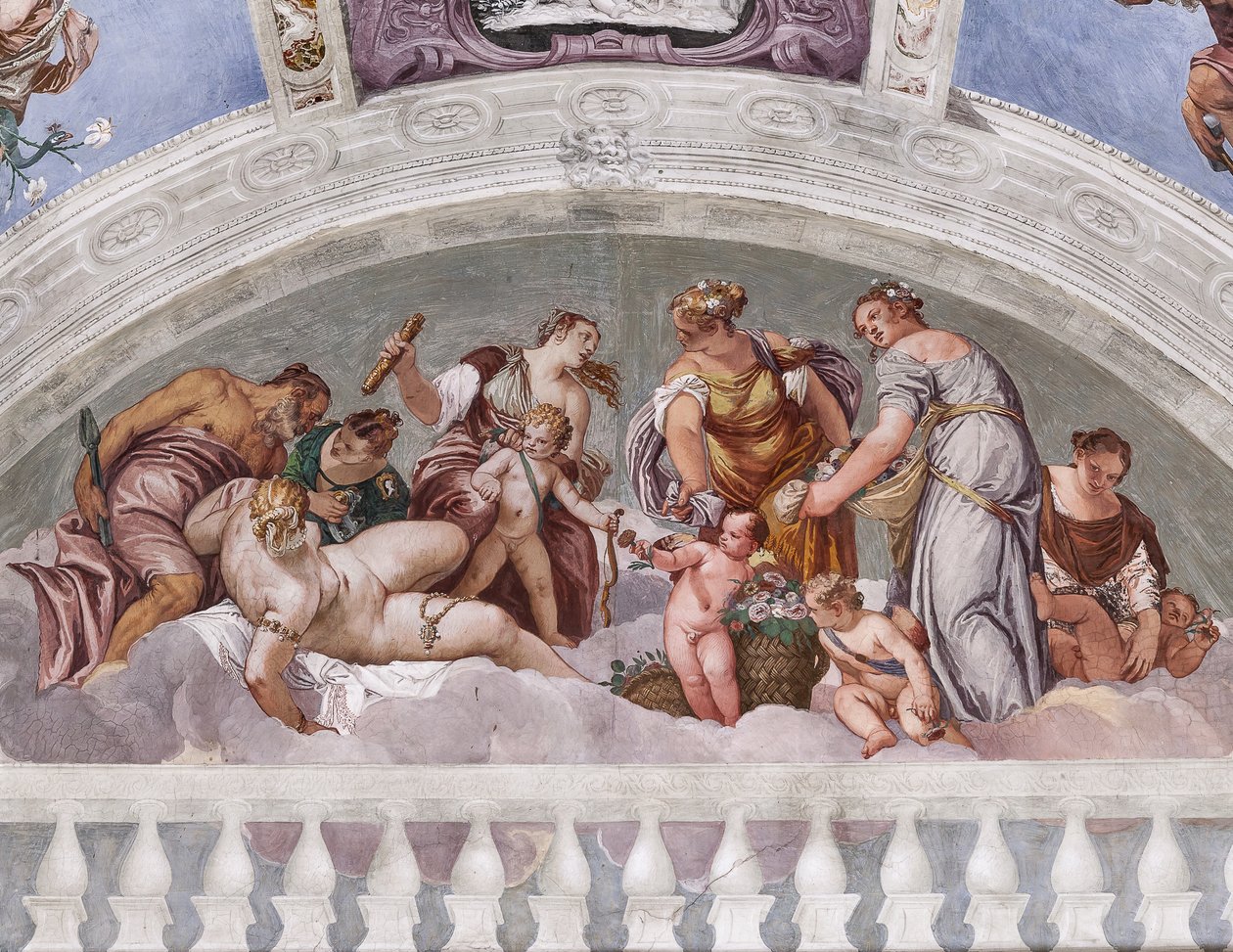 Alegorias do Inverno e da Primavera (Vulcano e Vênus), Muro do Sul, luneta acima da Porta da Sala Crociera, Salão do Olimpo de Veronese