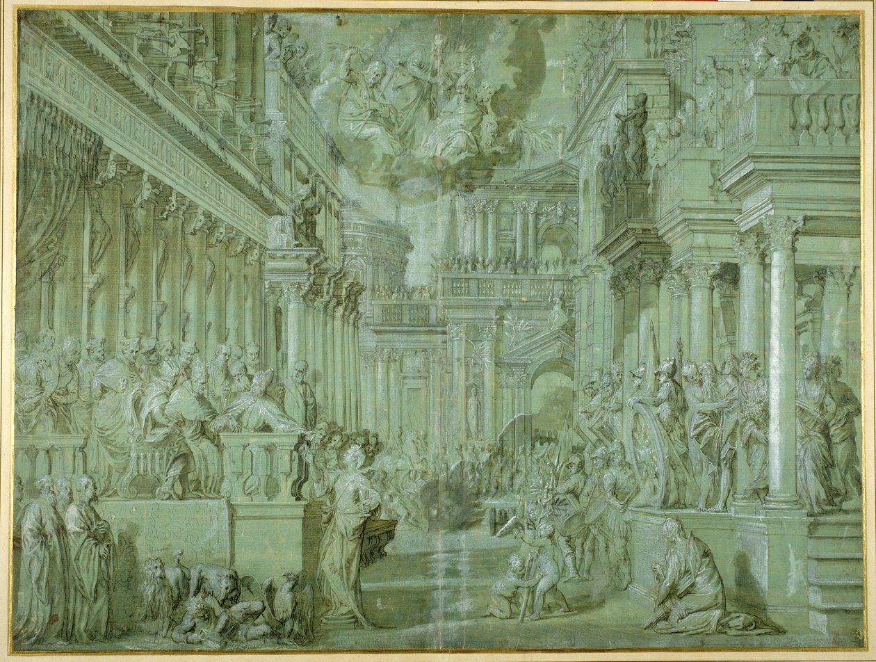 Alegoria para celebrar a publicação da Liga Sagrada em 1571 (caneta e lavagem castanha com altura) de Veronese