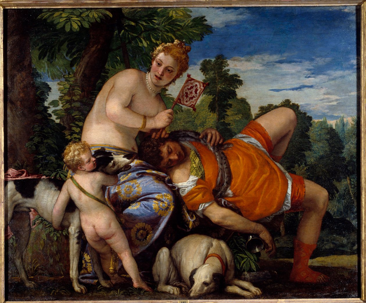 Afrodite e Adonis. Adónis, figura da mitologia grega, ama Afrodite. Pintura de Paolo Veronese (1528-1588) de Veronese