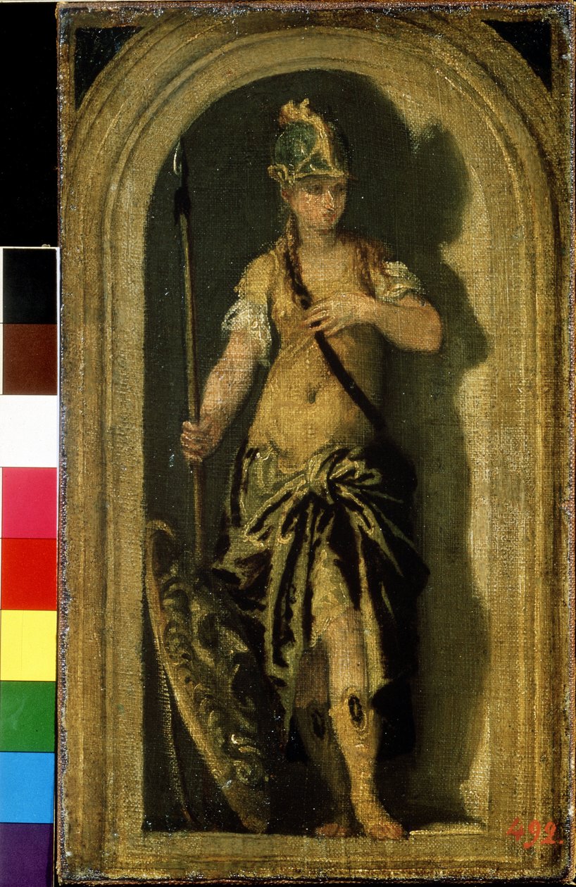 Minerva (Minerca). Perto dela, o seu escudo com a cabeça da Gorgon Medusa. Pintura de Paolo Veronese (1528-1588). Óleo sobre tela, 28 x 16 cm, ca. 1560. Arte veneziana, renascença italiana. Pushkin Museum of Fine Arts, Moscovo. de Veronese