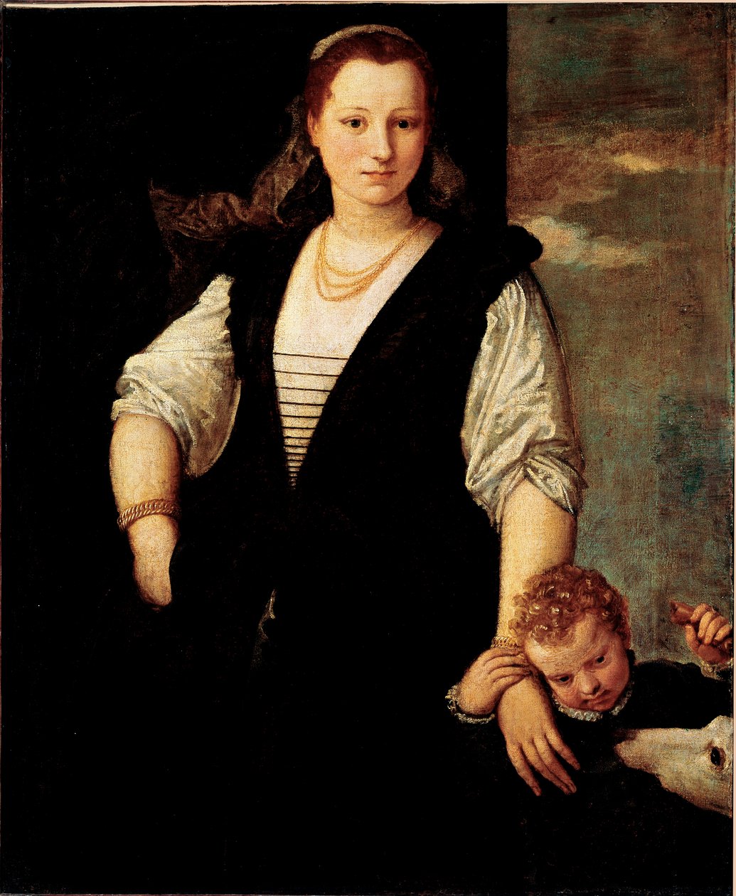 Retrato de uma mulher com uma criança e um cão (os filhos de Francesco Bevilacqua?) Pintura de Paolo Veronese Caliari (1528-1588) Sol do século XVI. 115x95 cm Paris, Musee du Louvre de Veronese