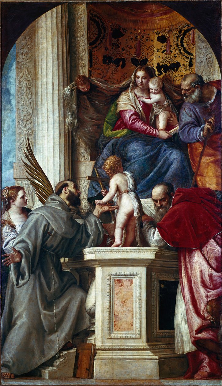 A Sagrada Família com os Santos (Sagrada Conversa conhecida como Pala di San Zaccaria ou Altarpiece of St. Zechariah). Pintura de Paolo Caliari Paolo Veronese (1528-1588) de Veronese