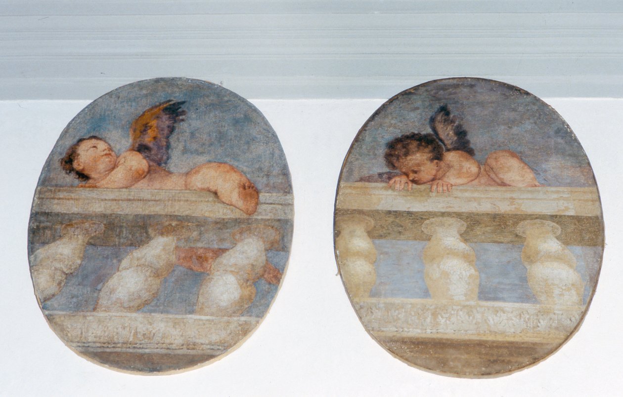 Dois putti alados escalando sobre uma balaustrada, redondas da sacristia (fresco) de Veronese
