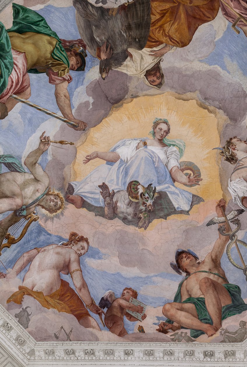 Harmonia Universal rodeada por deuses: Zeus com uma águia, Marte, Apolo com a lira, Vénus, Mercúrio com caduceu, Diana com cães, e Saturno, o octógono central do Salão do Olimpo de Veronese