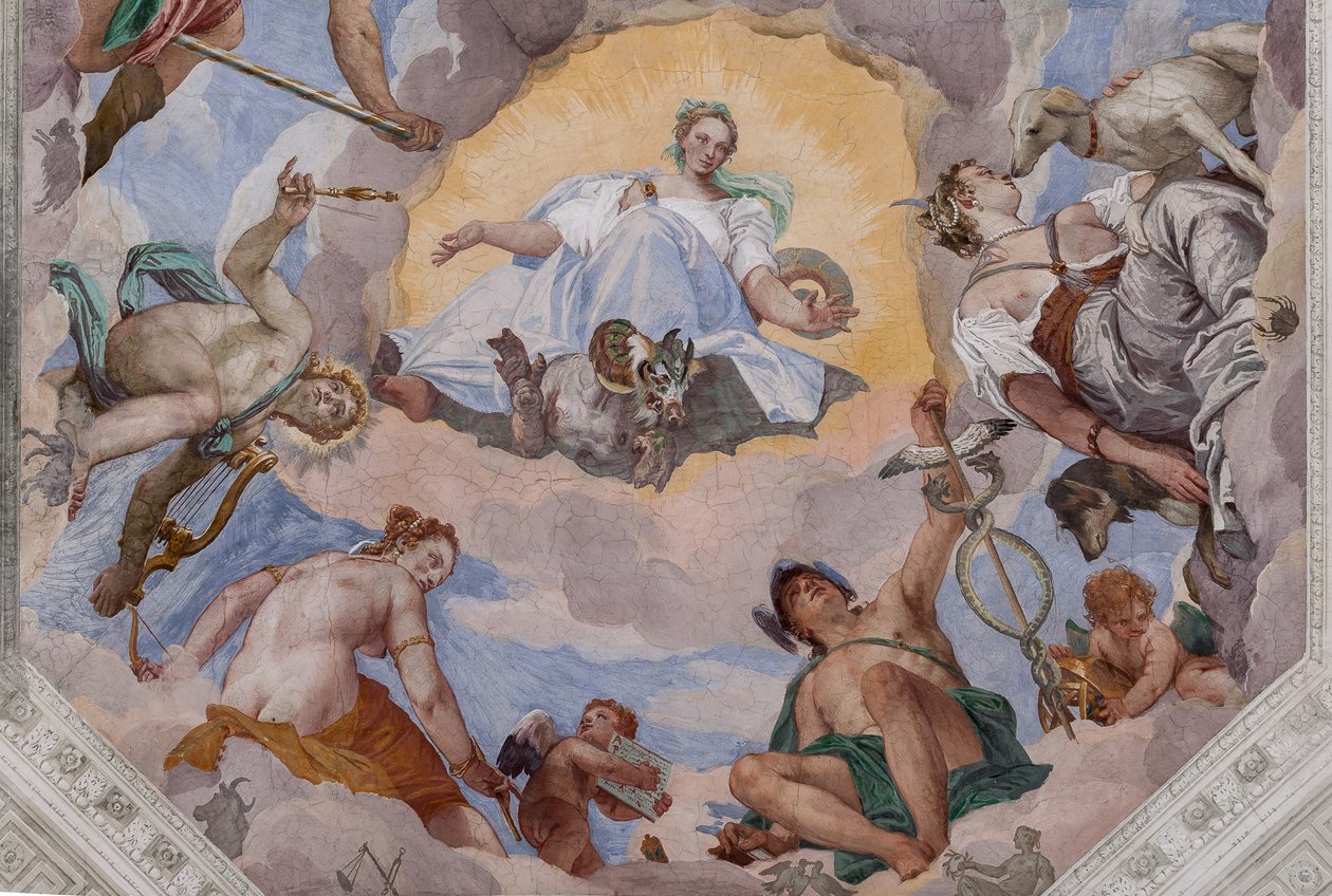 Harmonia Universal rodeada por deuses: Zeus com uma águia, Marte, Apolo com a lira, Vénus, Mercúrio com caduceu, Diana com cães, e Saturno, o octógono central do Salão do Olimpo de Veronese