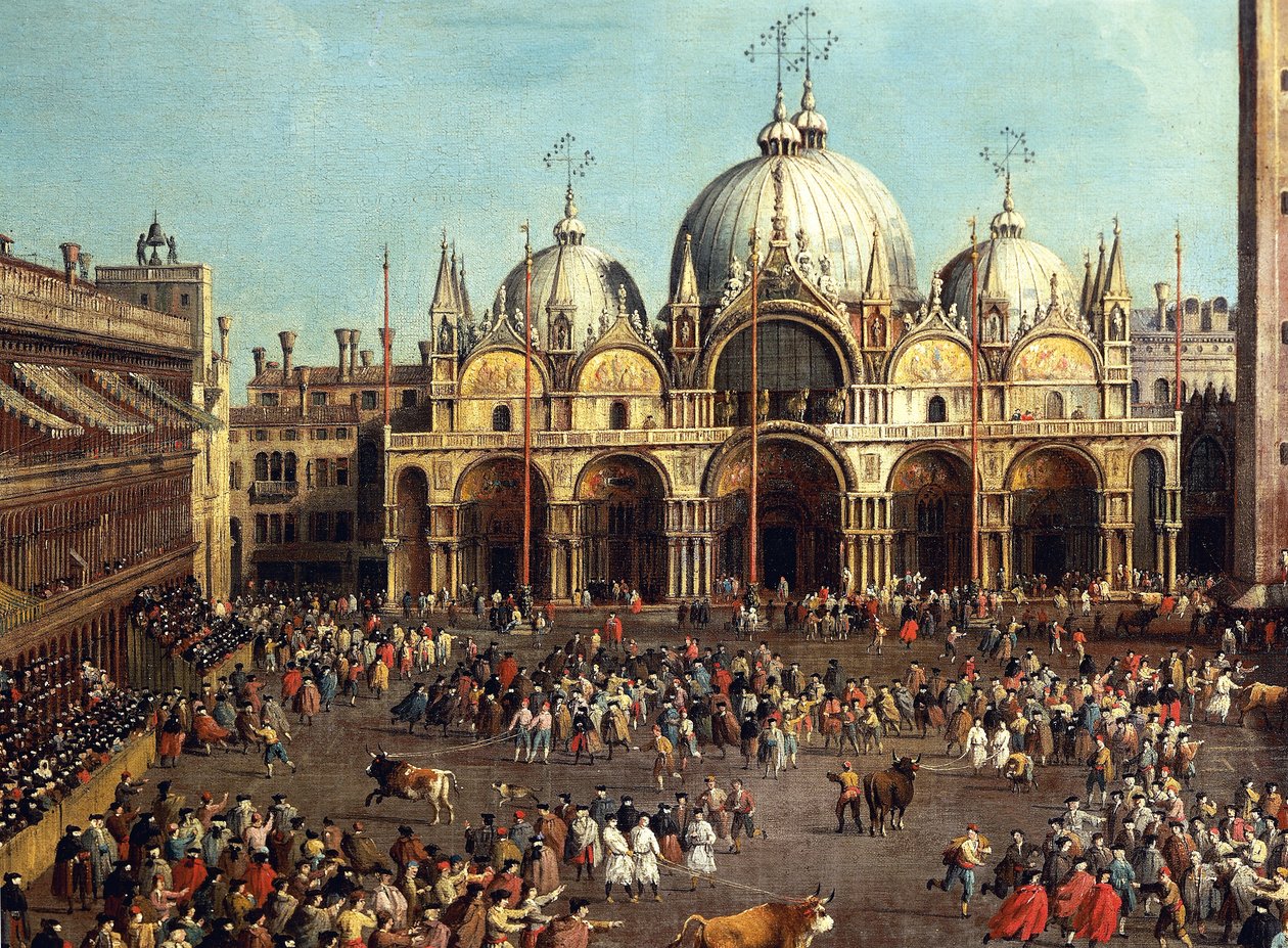 Tourada ou Caça ao Touro na Piazza San Marco, por Giovanni Antonio Canal, conhecido como Canaletto (1697-1768) e por Giovanni Battista Cimaroli (1687- depois de 1753), óleo sobre tela, 99x145 cm de Canaletto