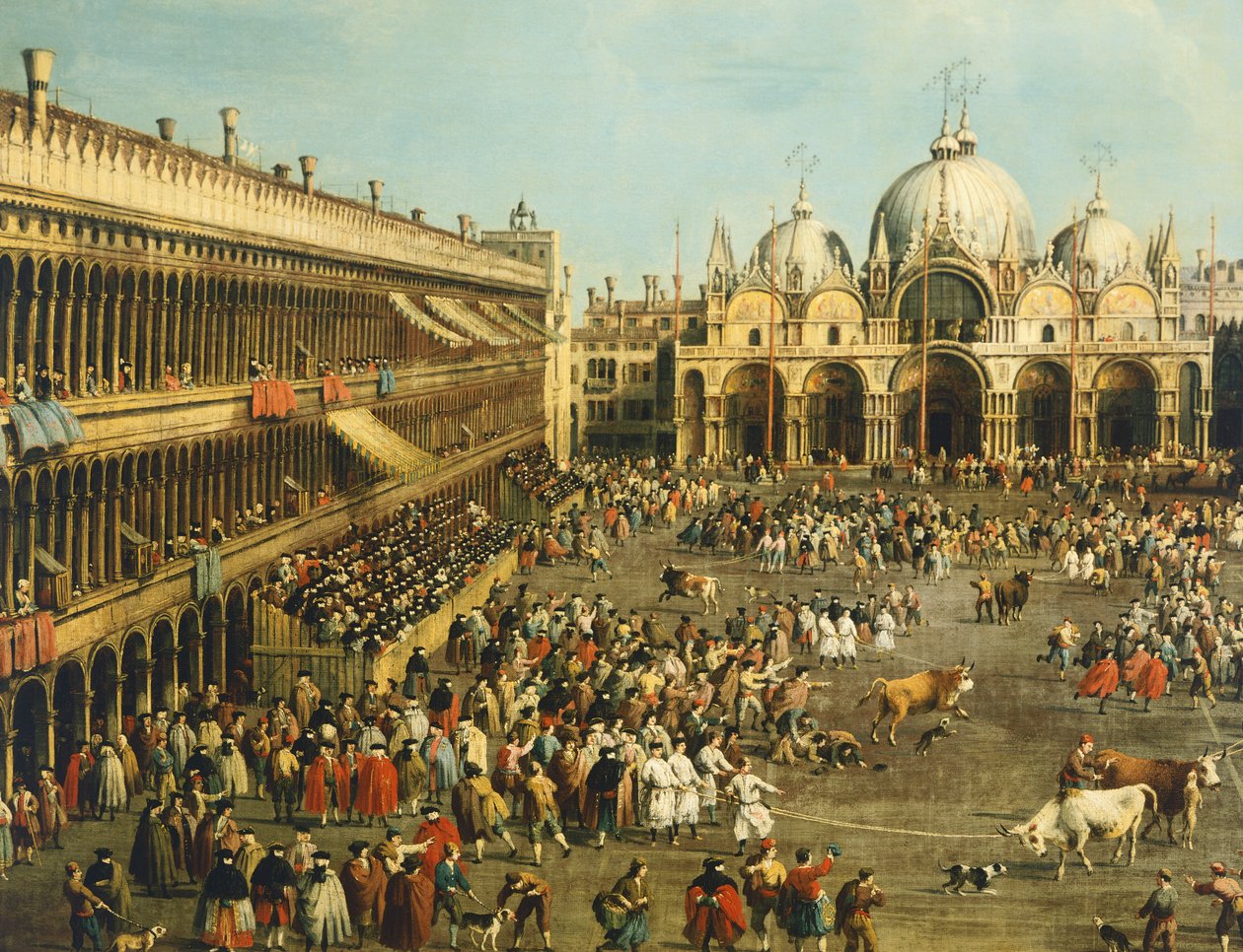 Tourada ou Caça ao Touro na Piazza San Marco, por Giovanni Antonio Canal, conhecido como Canaletto (1697-1768) e por Giovanni Battista Cimaroli (1687- depois de 1753), óleo sobre tela, 99x145 cm de Canaletto