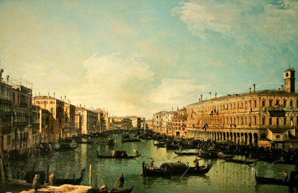 O Grande Canal, Veneza, olhando para norte, perto da ponte Rialto (óleo sobre tela) de Canaletto