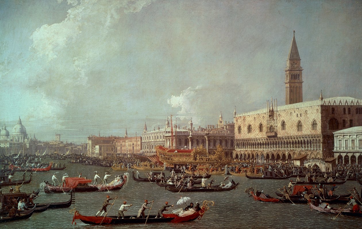 O regresso do Bucentauro ao cais no Dia da Ascensão, ca. 1760, por Giovanni Antonio Canal conhecido como Canaletto (1697-1768), óleo sobre tela de (1697 1768) Canaletto