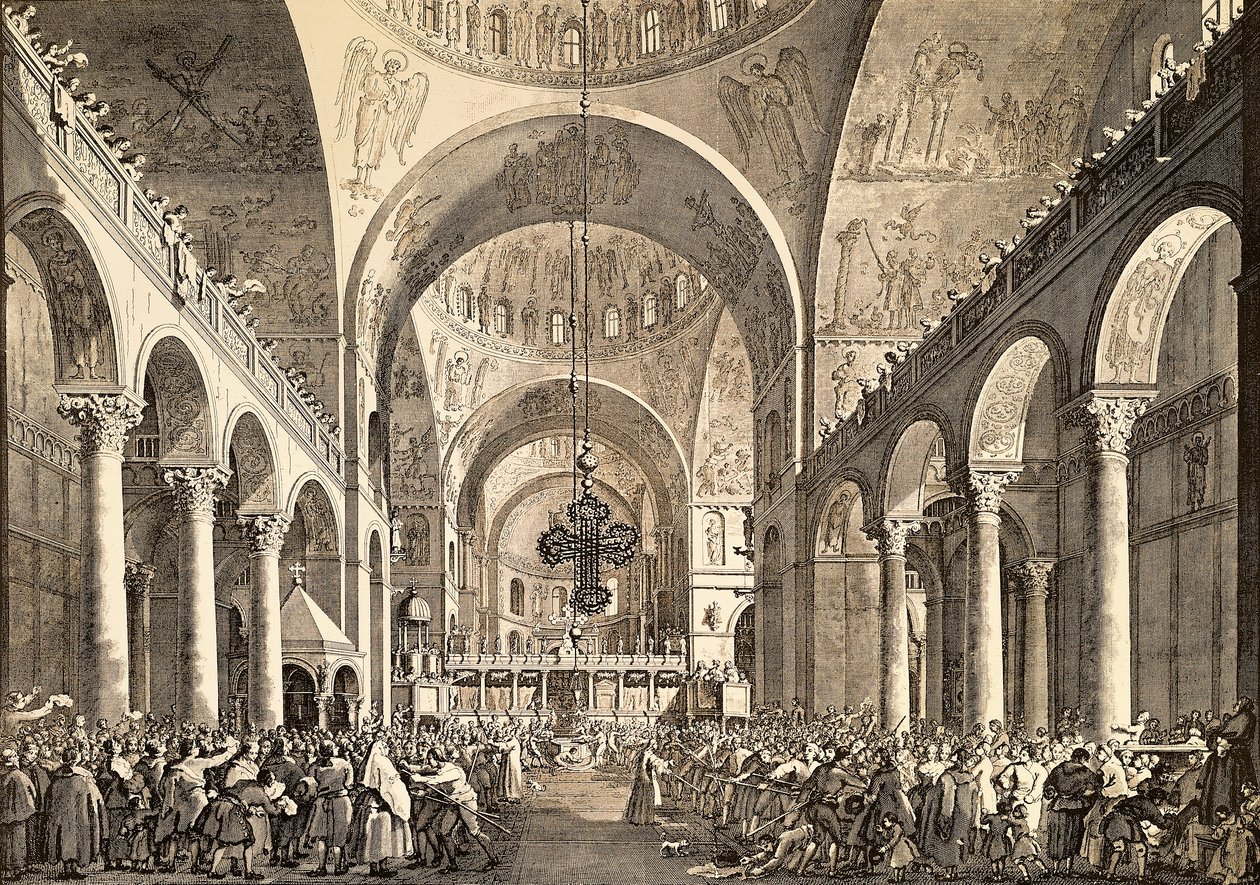 Festival veneziano, o recém-eleito Doge de Veneza a ser apresentado ao povo na Basílica de San Marco, por Giovanni Antonio Canal, conhecido como Canaletto (1697-1768) e Giovanni Battista Brustolon (1712-1796), gravura. Itália de (1697 1768) Canaletto