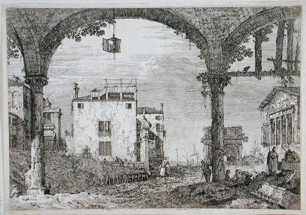Vista através de uma arcada em direcção a edifícios costeiros (gravura) de Canaletto