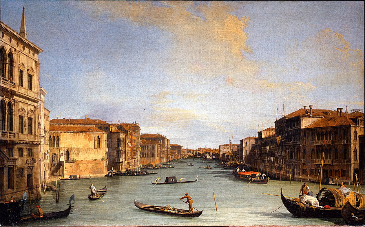 Vista do Grande Canal (Veneza, Itália) (Vista do Grande Canal) - Pintura por Giovanni Antonio Canal, conhecido como Canaletto (1697-1768), óleo sobre tela (45x73 cm) de Canaletto
