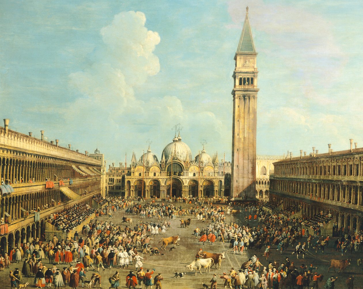 Tourada ou Caça ao Touro na Piazza San Marco, por Giovanni Antonio Canal, conhecido como Canaletto (1697-1768) e por Giovanni Battista Cimaroli (1687- depois de 1753), óleo sobre tela, 99x145 cm de Canaletto