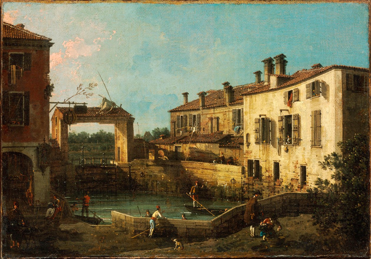 "Ecluse pres de Dolo, Venise" (Eclusa perto de Dolo, veneza) Peinture de Giovanni Antonio Canal dit Canaletto (1697-1768) 1776 Dim 30,5x44,5 cm Szepmuveszeti Muzeum, Budapeste de Canaletto