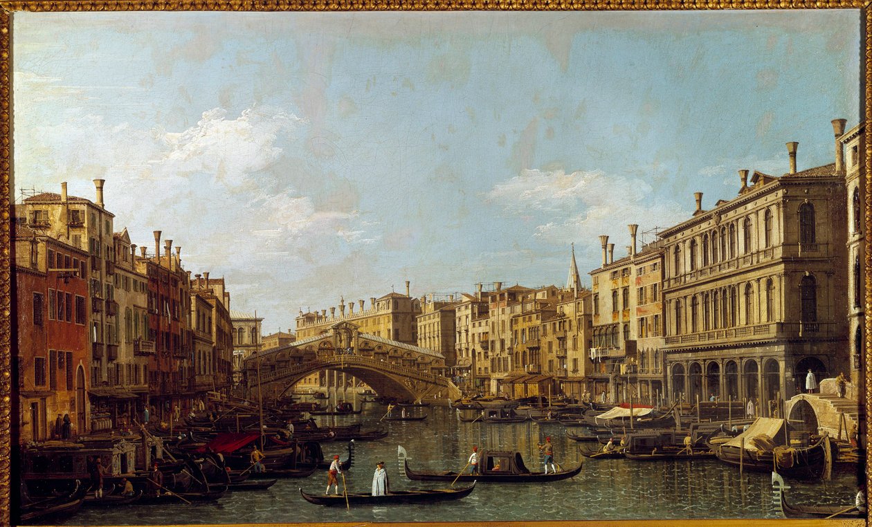 O Grande Canal e Ponte Rialto a Veneza Pintura de Antonio Canal dit Il Canaletto (1697-1768) Paris do século XVIII, Musee Jacquemart Andre de Canaletto