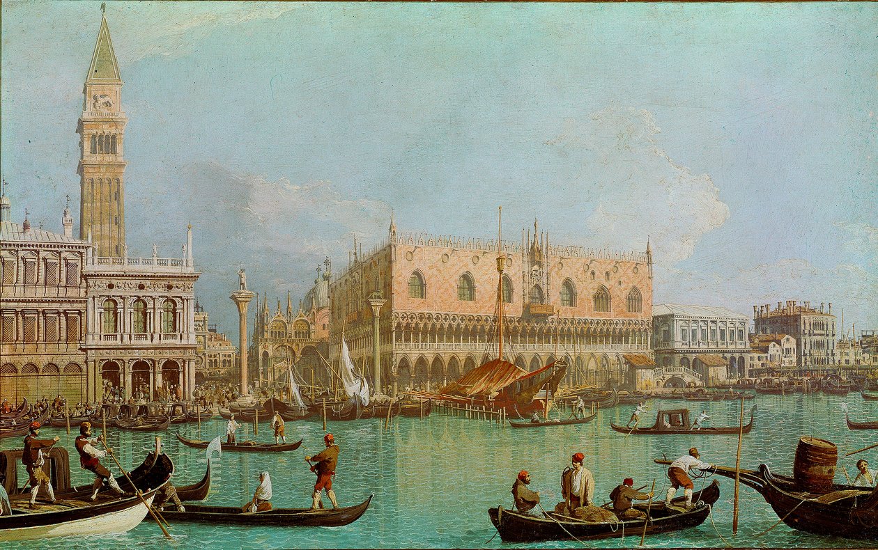 O Mole com o Palácio Ducal da bacia de São Marcos (Il molo col Palazzo Ducale dal bacino di San Marco). Vista de Veneza, Palácio de Doge e Praça de São Marcos tirada do Canal. Pintura de Giovanni Antonio Canal dit il Canaletto (1697-1768) de Canaletto
