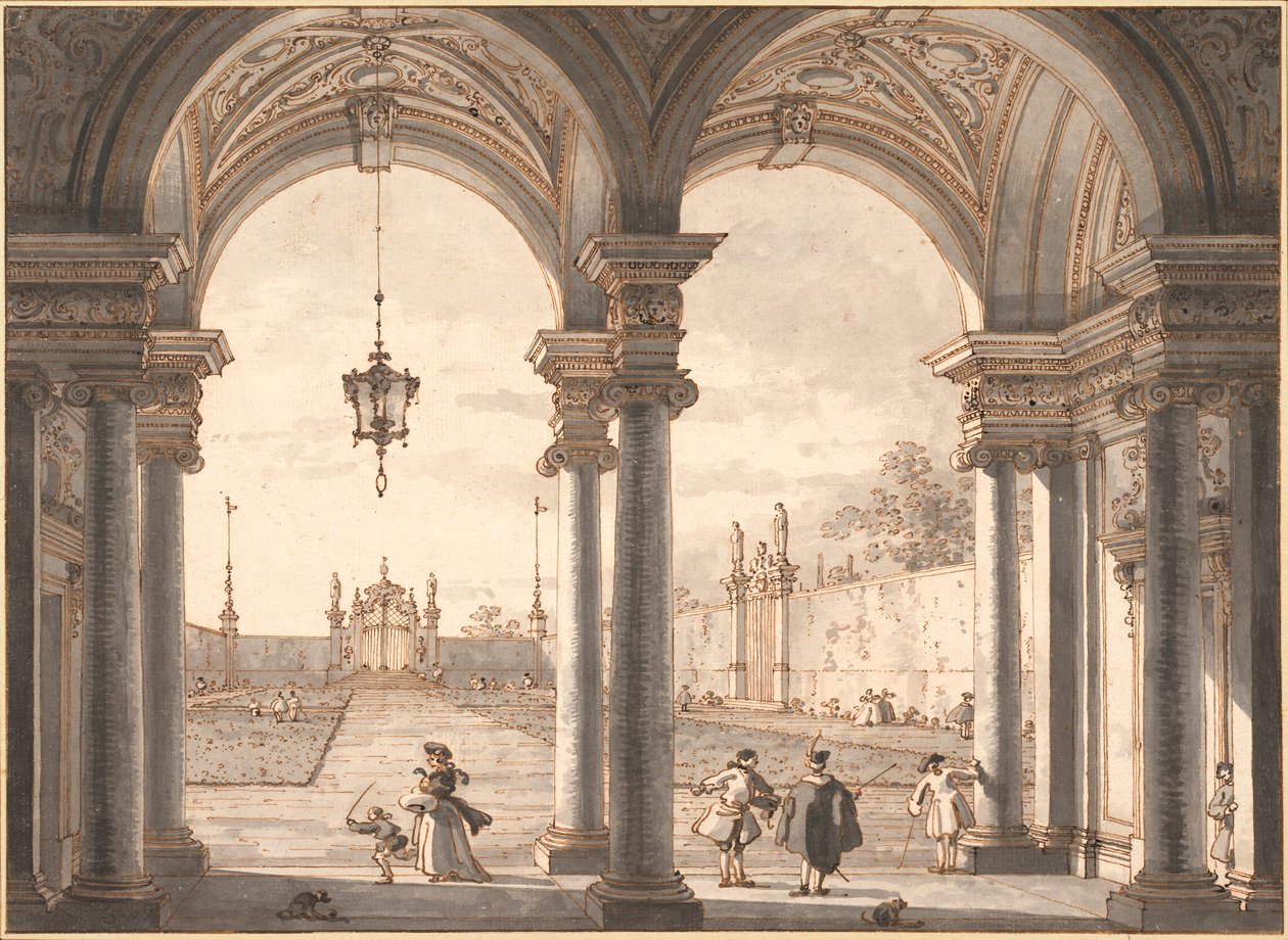 "Vista através de uma Colunata Barroca em um Jardim" Desenho da caneta de Antonio Canaletto (1697-1768) 1760-1768 Dim 33,1x45,4 cm Albertina, Viena de Canaletto