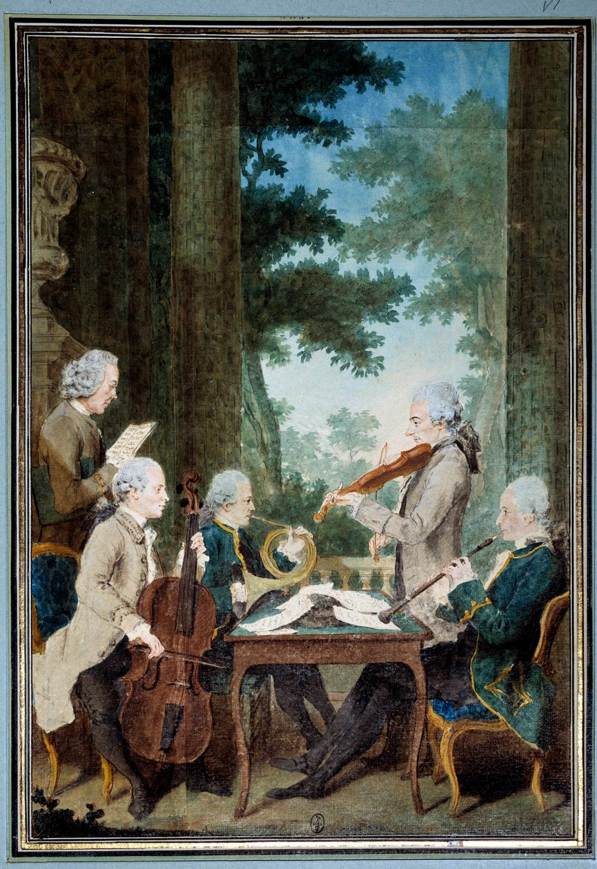 Cavalheiros Duport, Vachon, Rodolphe, Provers e Vernier Retrato de um grupo de músicos durante um concerto. Aguarela de Louis Carrogis (1717-1806) dit Carmontelle. Sol do século XVIII. 0,34x0,23 m Chantilly, conde do museu. de Carmontelle