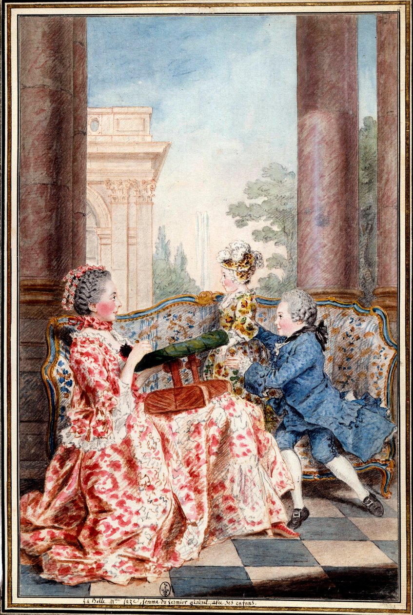 La belle Madame Caze, esposa do fazendeiro geral e seus filhos Watercolour de Louis Carrogis (1717-1806) dit Carmontelle. Sol do século XVIII. 0,32x0,21 m Chantilly, conde musee de Carmontelle
