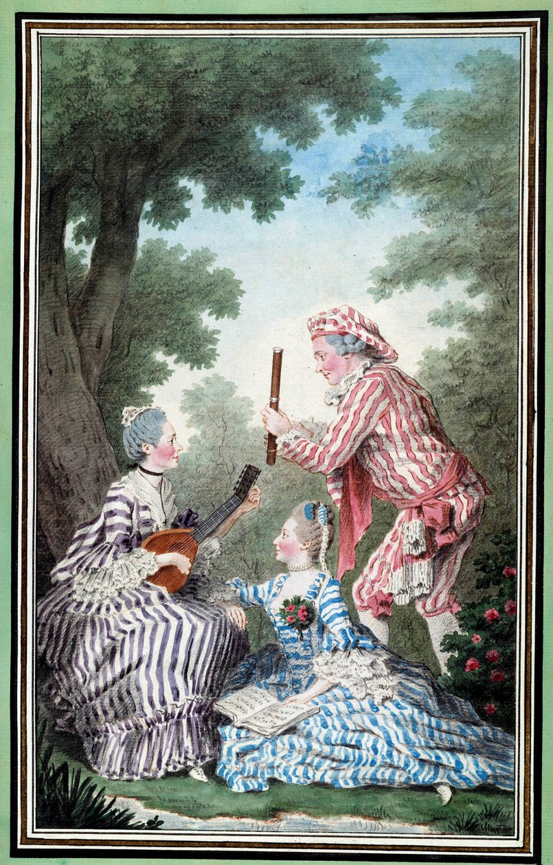 Madame de Meaux, Mademoiselle de Meaux e Monsieur de Saint Quentin repetindo uma ópera cômica Watercolour de Louis Carrogis Carmontelle (1717-1806) Chantilly do século XVIII, Musee Conde de Carmontelle