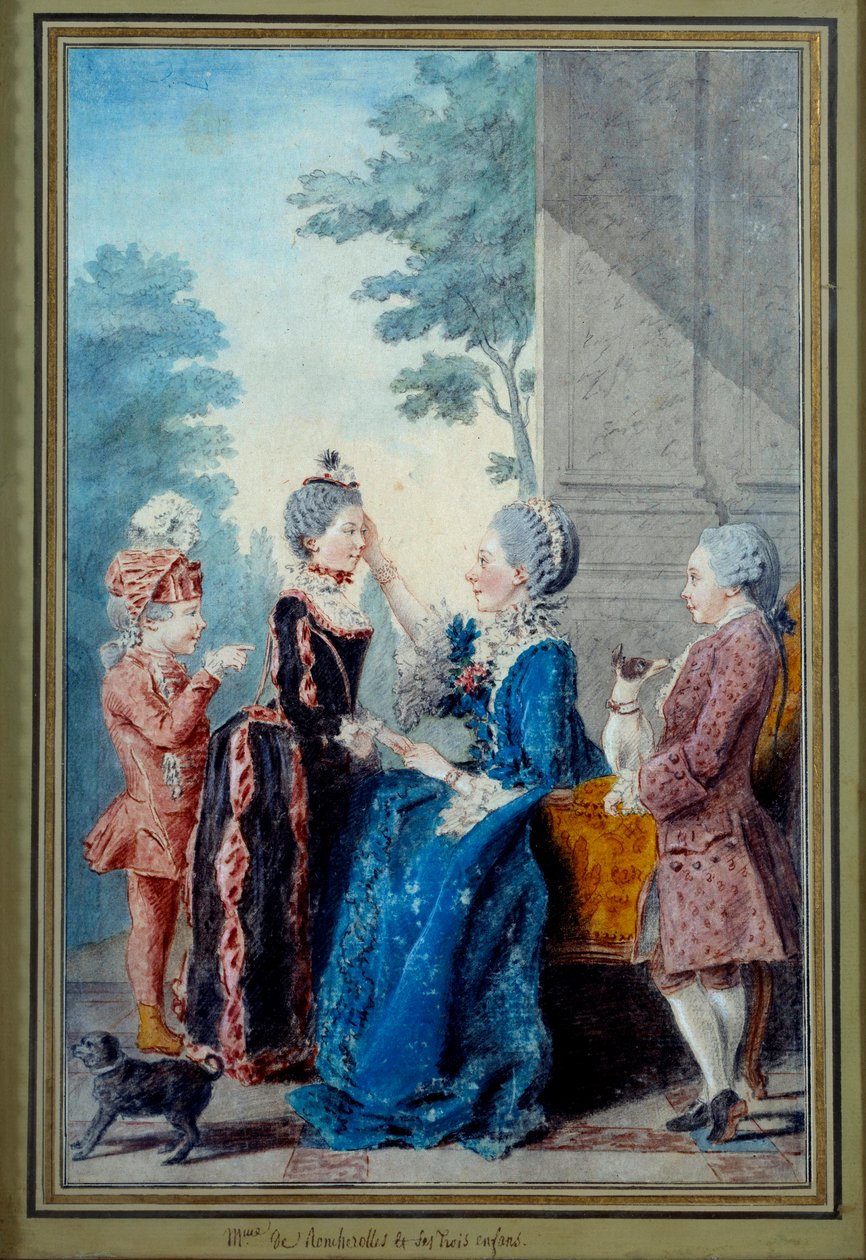 Madame de Roucherolles e seus três filhos Watercolour de Louis Carrogis Carmontelle (1717-1806) Paris do século XVIII, Musee Carnavalet de Carmontelle