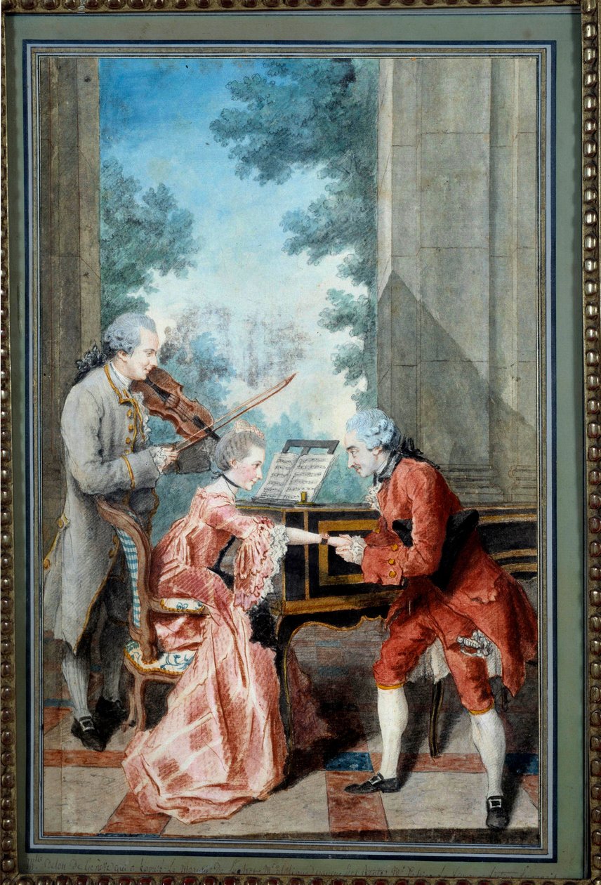 Mademoiselle Delou, Monsieur Philippe e Monsieur de Texier Um cavalheiro presta homenagem a um jovem pianista. Aguarela de Louis Carrogis, dit Carmontelle (1717-1806) Paris do século XVIII, Musee Carnavalet - Mademoiselle Delou, Monsieur Philippe e Monsieu de Carmontelle