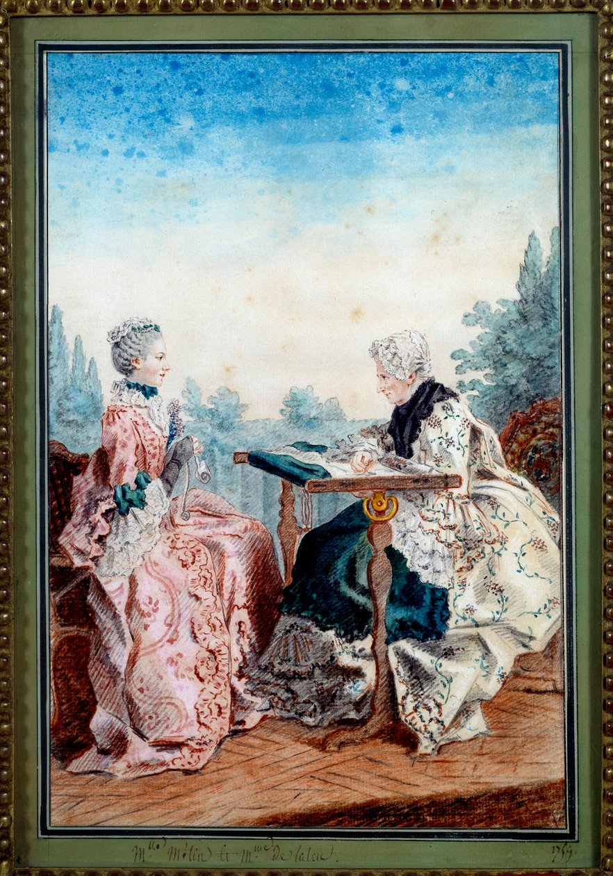 Mademoiselle Melin e Mademoiselle de Laleu fazendo tapeçaria de aquarela por Louis cengis dit Carmontelle (1717-1806) 1759. Paris, Musee Carnavalet de Carmontelle