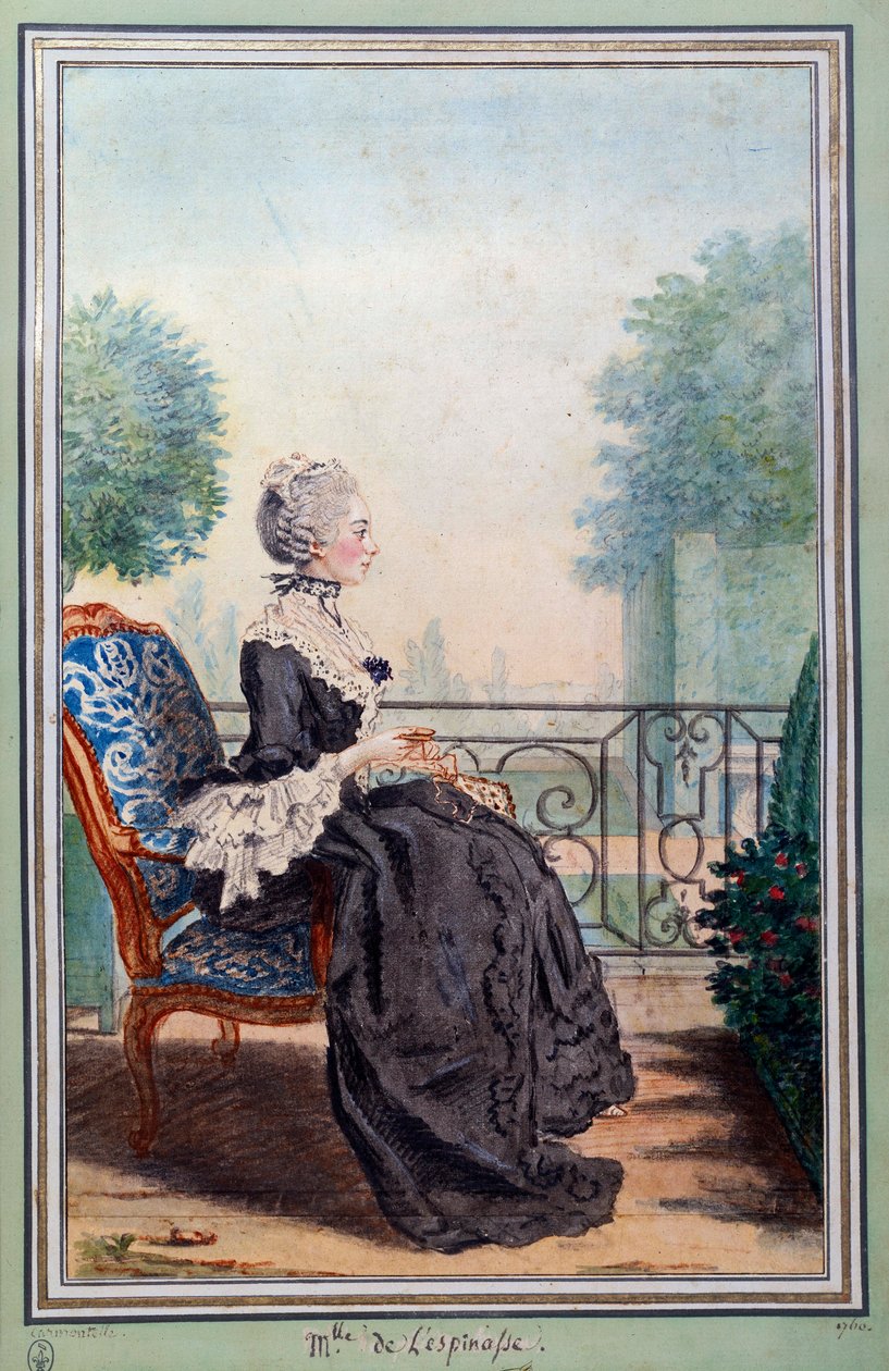 Retrato completo de Julie de Lespinasse (1732-1776) mulher de letras Watercolour de Louis Carrogis (1717-1806) conhecida como Carmontelle. Século XVIII Chantilly, conde musee de Carmontelle