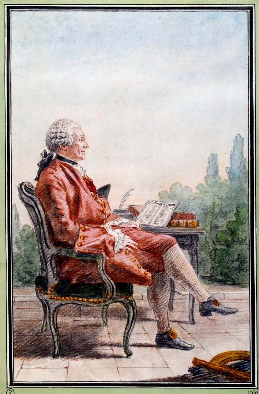 Retrato de Charles Marie de La Condamine (1701-1774), explorador e cientista francês. Aquarela de Louis Carrogis Carmontelle (1717-1806). Chantilly do século XVIII. Museu Conde de Carmontelle