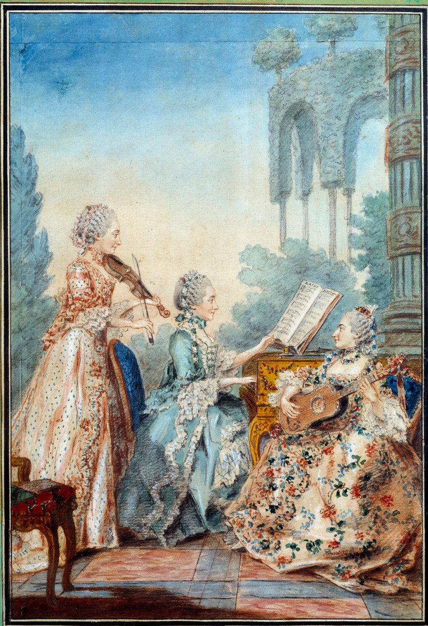 As três filhas do compositor Joseph Nicolas Pancrace Royer (1705-1755) interpretando a partitura do balé Zaide Aquarelle de Louis Carrogis Carmontelle (1717-1806) 1760 Paris, Musee Carnavalet de Carmontelle