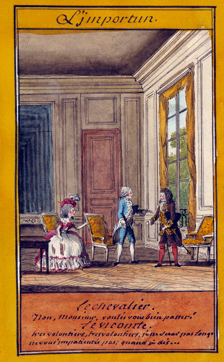 A indesejável Ilustração de uma série de provérbios. Aguarela de Louis Carrogis dit Carmontelle (1717-1806) Século XVIII. Chantilly, Museu Conde de Carmontelle