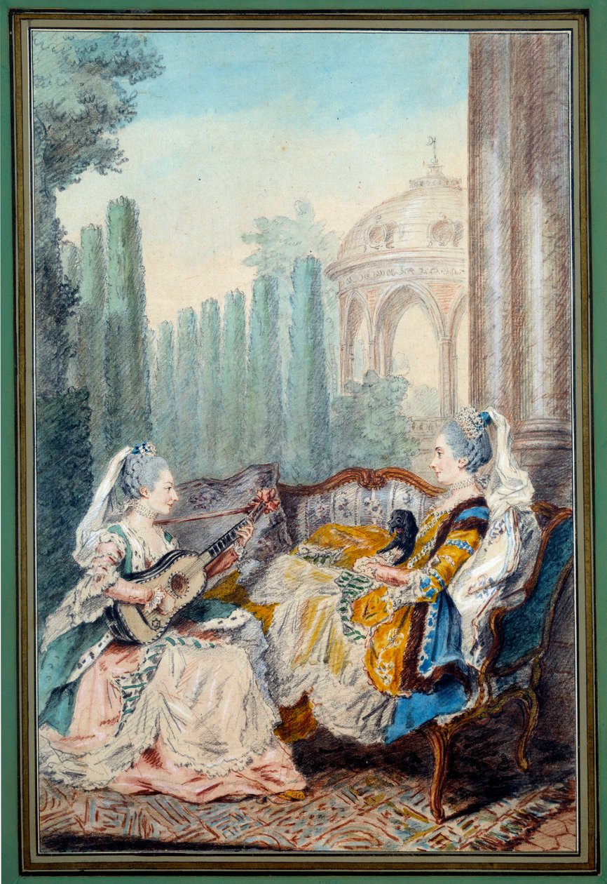 Duas jovens raparigas fazendo música de aguarela de Louis carrogis dit Carmontelle (1717-1806) Século XVIII. Paris, Musee Carnavalet de Carmontelle