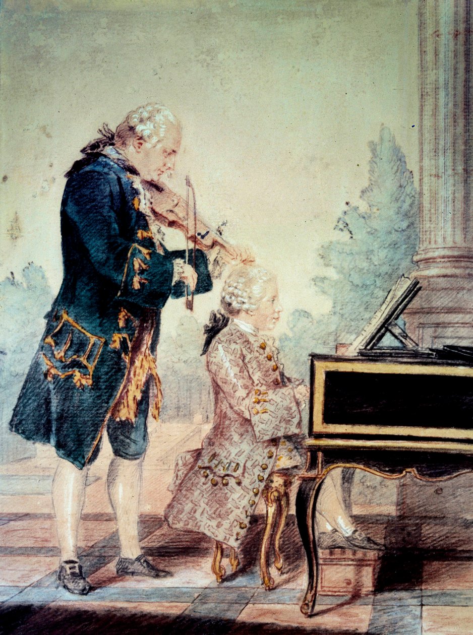 Wolfgang Amadeus Mozart (1756-1791) criança tocando piano com seu pai Leopold" Watercolour by Louis Carrogis Carmontelle (1717-1806) 1777 Paris, Musee Carnavalet de Carmontelle