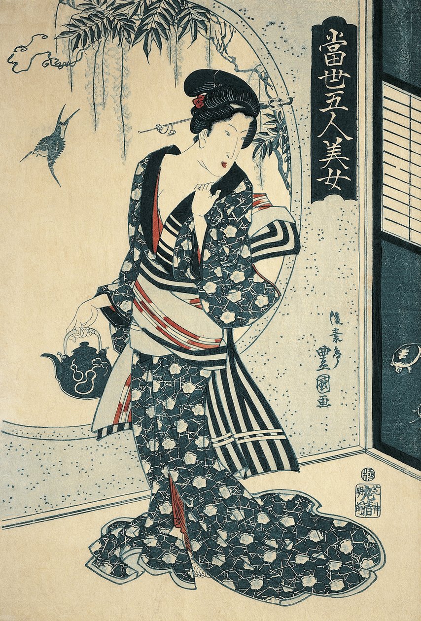 Jovem mulher segurando um bule de Toyokuni II