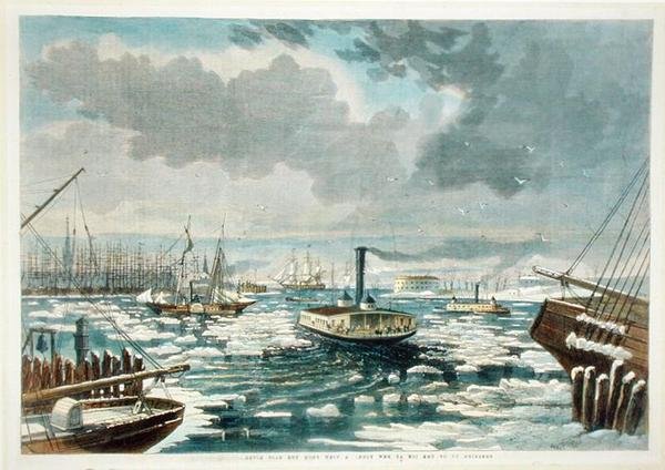Breaking up the Ice at New York - a View from the East River, publicado no Harper