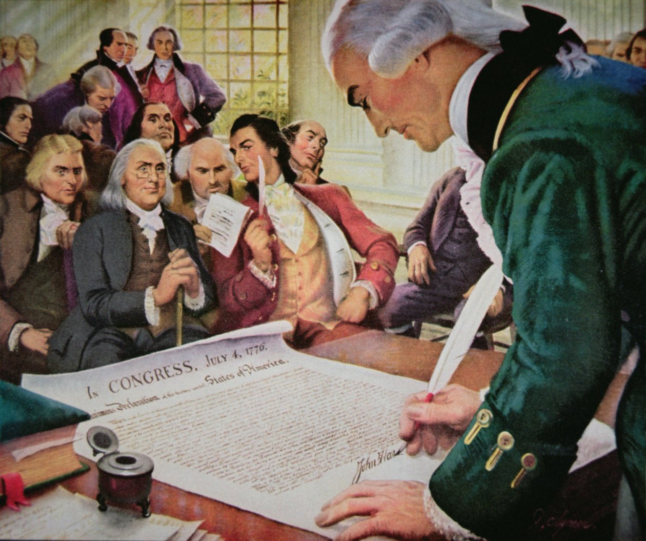 John Hancock (1737-93) assina a Declaração de Independência Americana, 4 de Julho de 1776 (cor litho) de (after) American School