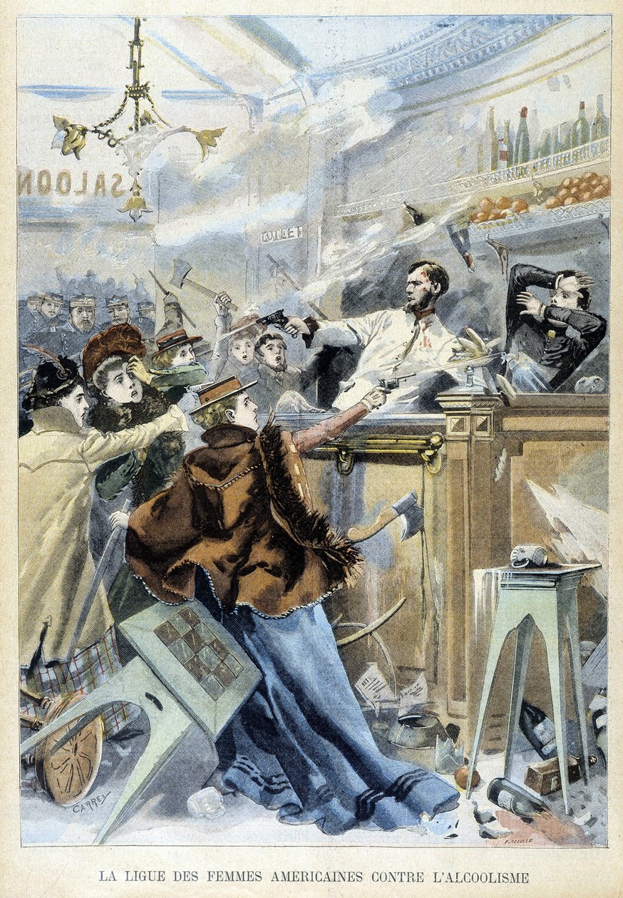 Um confronto num bar ilustrando a luta da Liga Americana das Mulheres contra o alcoolismo. Ilustração do jornal "Petite Parisien" em 1905. de (after) Carrey