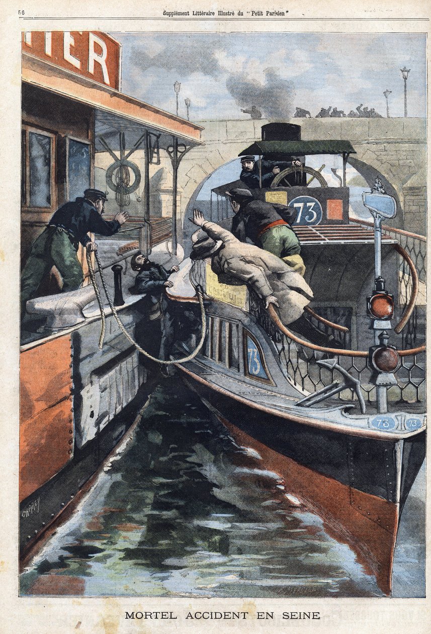 Acidente fatal no Sena: um empregado da empresa des Bateaux Parisiens morre entre dois barcos perto da ponte de Charenton. Gravura no "Le Petit Parisien" em 17/02/1901. de (after) Carrey