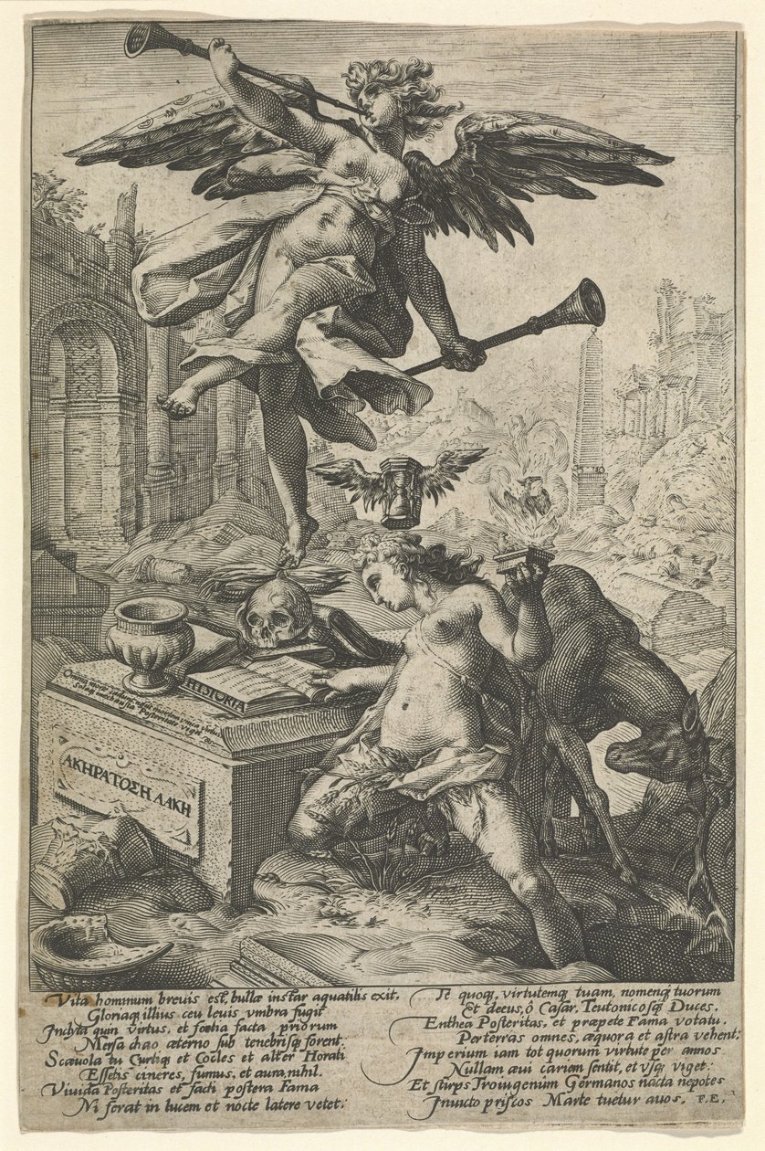 Fama e História, depois de 1586 (gravura em papel depositado) de (after) Dutch School