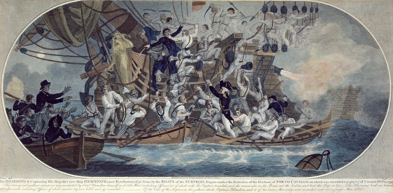 O embarque e captura do último navio de Sua Majestade, Hermione (agora Retribuição) 25 de Outubro de 1799, gravado por Roffe (gravura a cores) de (after) Elms