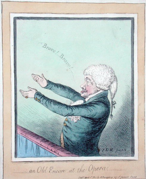 An Old Encore at the Opera! gravada por James Gillray (1756-1815) publicada por Hannah Humphrey em 1803 (gravura colorida à mão) de (after) English School
