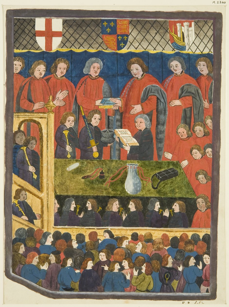 Cópias de Ilustrações do Calendário de Ricart - A cerimónia de juramento do Presidente da Câmara de Bristow (lápis e aguarela sobre papel) de (after) English School