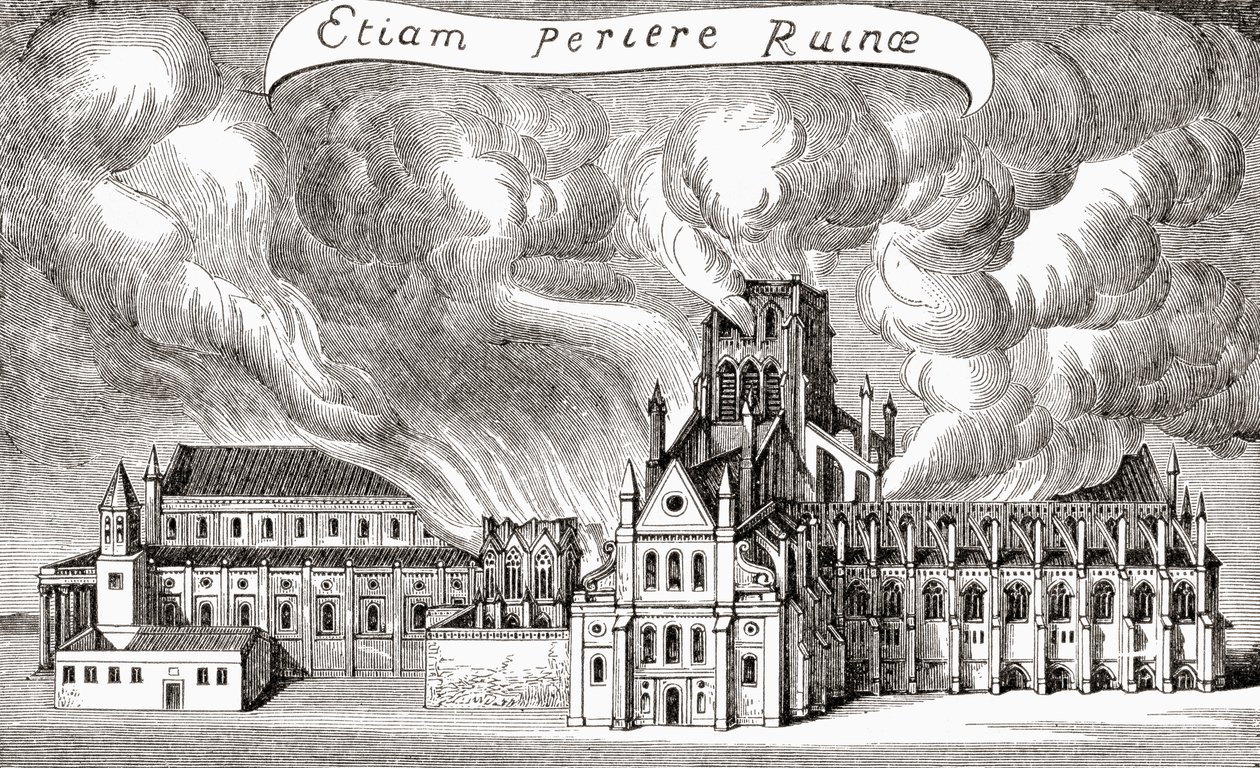 A velha catedral de St. Paul, Londres, Inglaterra, destruída pelo fogo em 1666, de "A First Book of British History", publicado em 1925 (litho) de (after) English School