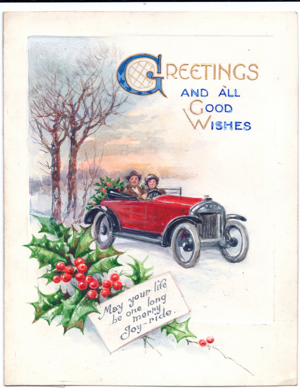 Arte original para um cartão de Natal de um carro vermelho e azevinho, por volta de 1951 de (after) English School