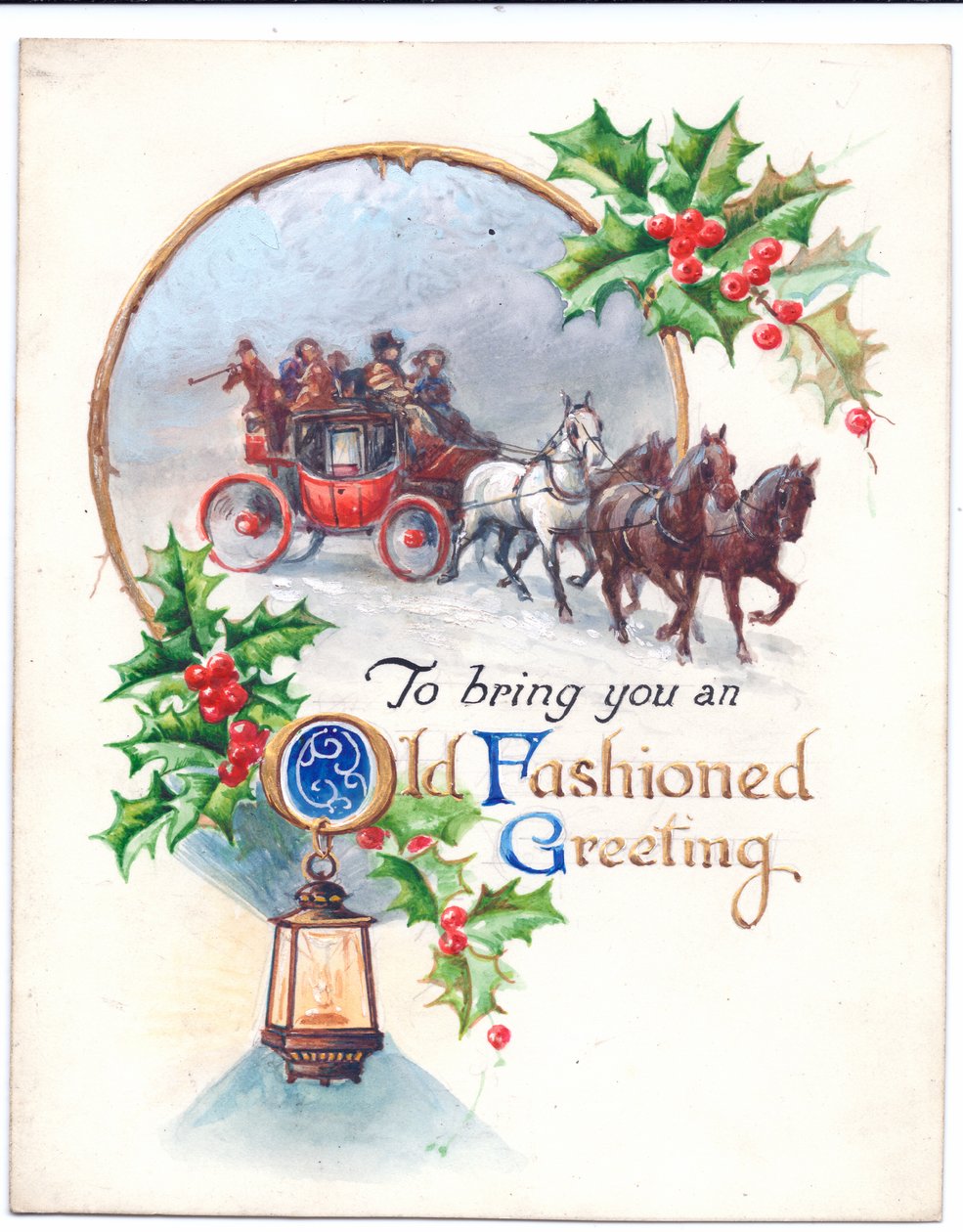 Arte original para um cartão de Natal de uma diligência, lanterna e azevinho, por volta de 1952 de (after) English School