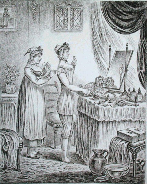 Progress of the Toilet: the Stays, etc. de James Gillray (1757-1815) publicado por Hannah Humphrey em 1810 (gravura) de (after) English School