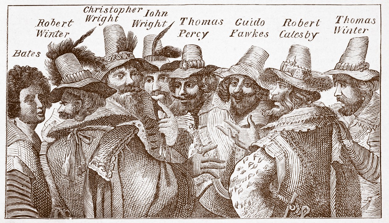 Os Conspiradores de Pólvora, após uma gravação de 1606 (gravura) de (after) English School