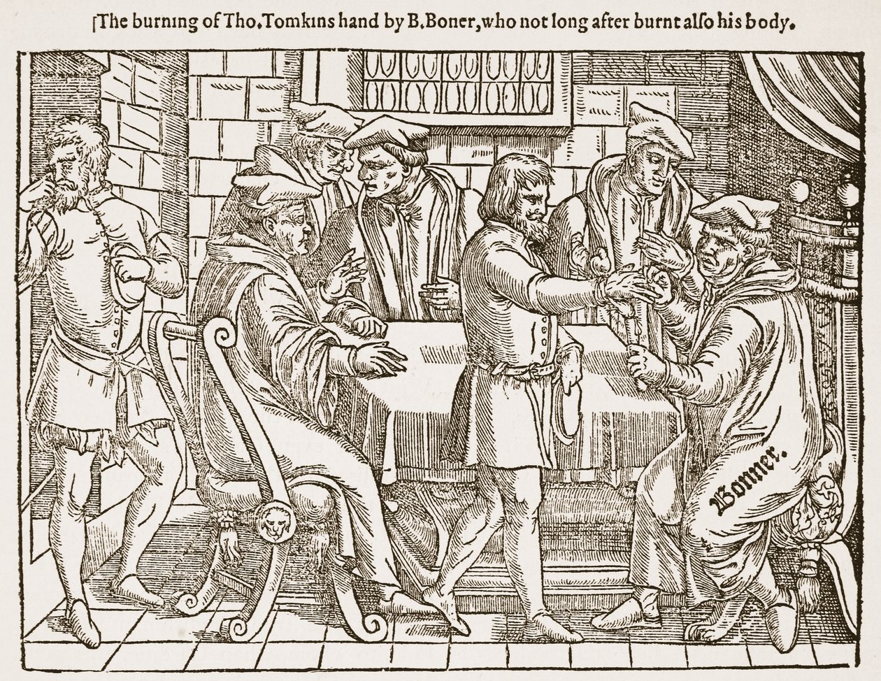 A queima de Tho. A mão de Tomkins por B. Boner, que não muito depois de queimar também o seu corpo, ilustração de 