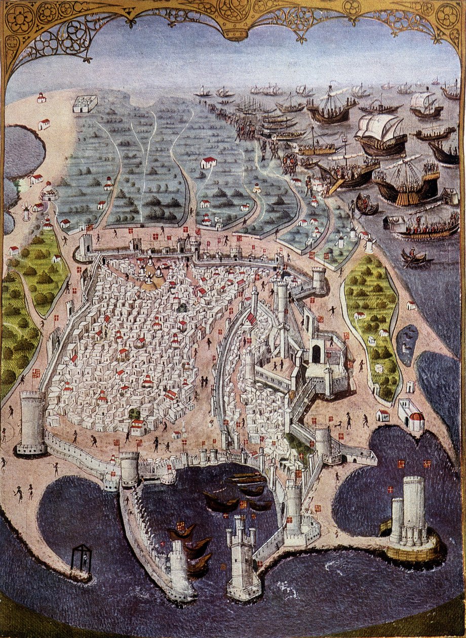 Ataque de navios do Leste contra Rodes em 1482 - após miniatura. de (after) French School
