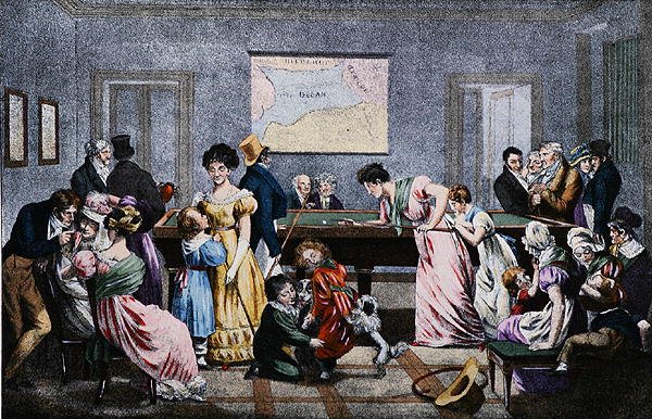 Sala de bilhar no século XIX, gravada por Marlet (cor litho) de (after) French School